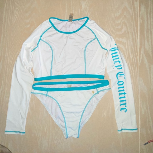 Juicy Couture White and Teal Bikini Set with Rash Guard Top - Picture 1 of 7